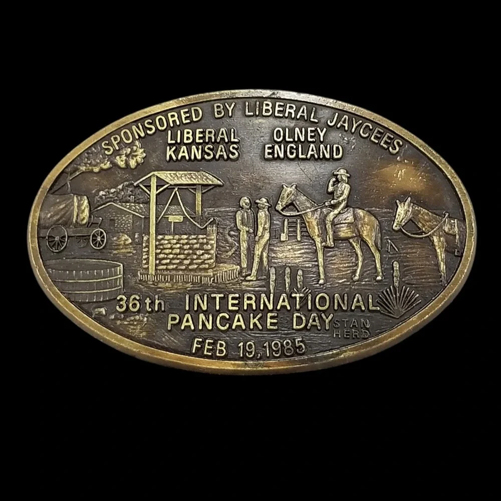 Liberal Jaycees Belt Buckle International Pancake Day 1985 Solid Brass Stan Herd